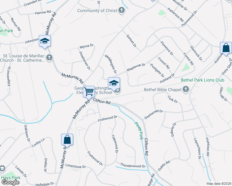 map of restaurants, bars, coffee shops, grocery stores, and more near 515 Clifton Road in Bethel Park
