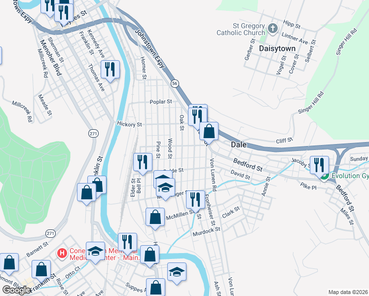 map of restaurants, bars, coffee shops, grocery stores, and more near 501-599 Oak St in Johnstown