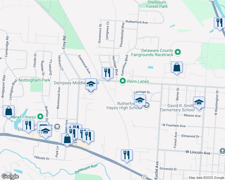 map of restaurants, bars, coffee shops, grocery stores, and more near 36 Oakwood Dr in Delaware