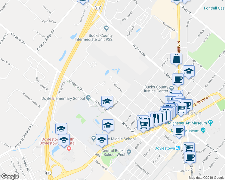 map of restaurants, bars, coffee shops, grocery stores, and more near 225 Hastings Court in Doylestown