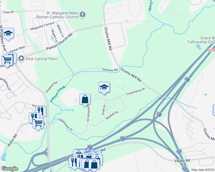 map of restaurants, bars, coffee shops, grocery stores, and more near 3000 Russel Drive in Harrisburg