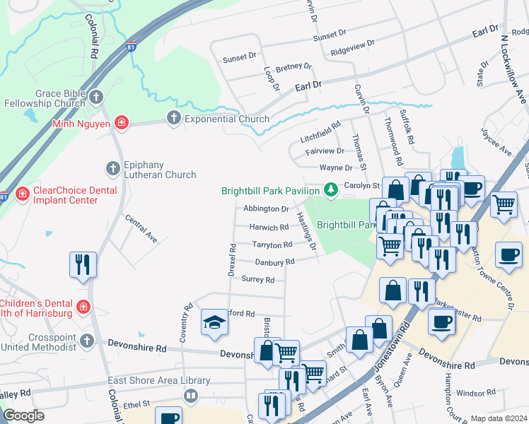 map of restaurants, bars, coffee shops, grocery stores, and more near 4611 Abbington Drive in Harrisburg