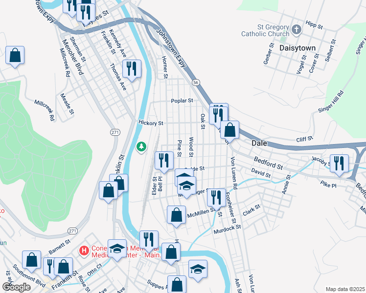 map of restaurants, bars, coffee shops, grocery stores, and more near 103-105 Cedar Street in Johnstown