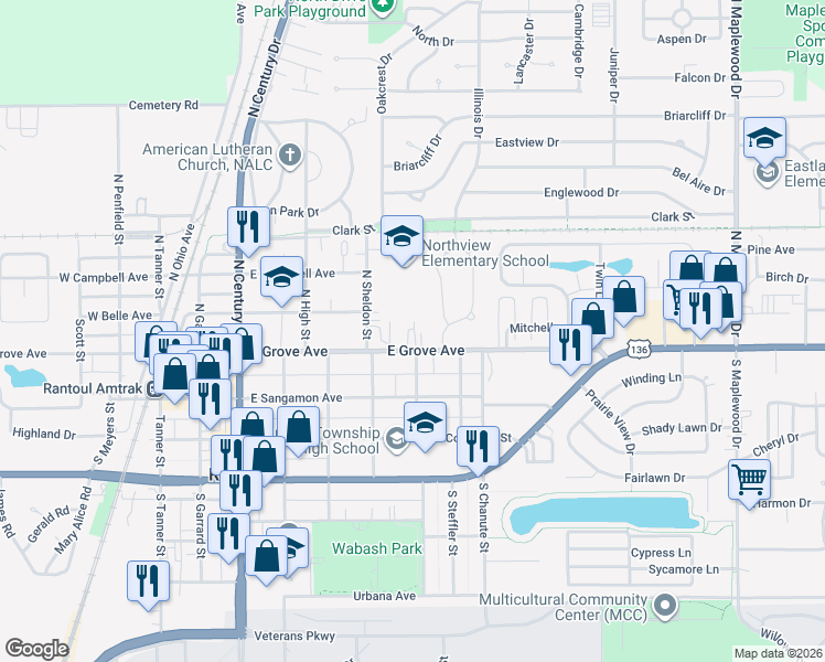 map of restaurants, bars, coffee shops, grocery stores, and more near 631 East Grove Avenue in Rantoul