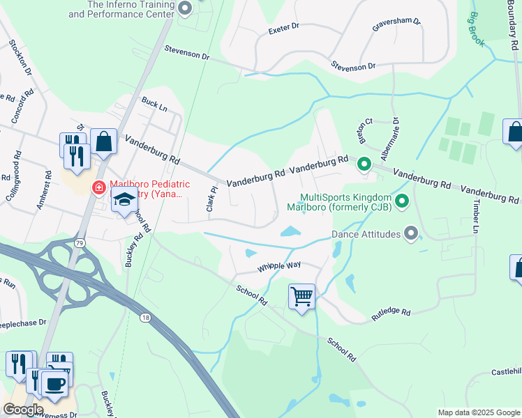 map of restaurants, bars, coffee shops, grocery stores, and more near 6 Ellery Place in Marlboro Township