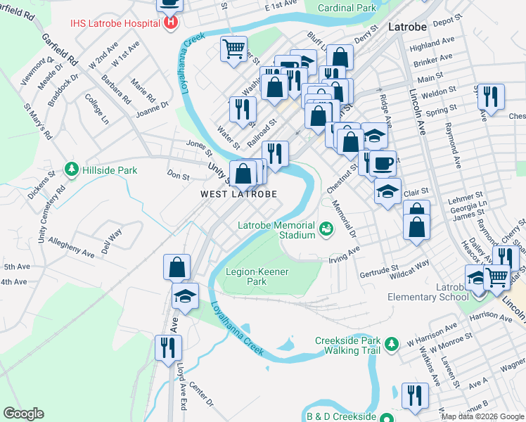 map of restaurants, bars, coffee shops, grocery stores, and more near 206 Loyalhanna Avenue in Latrobe