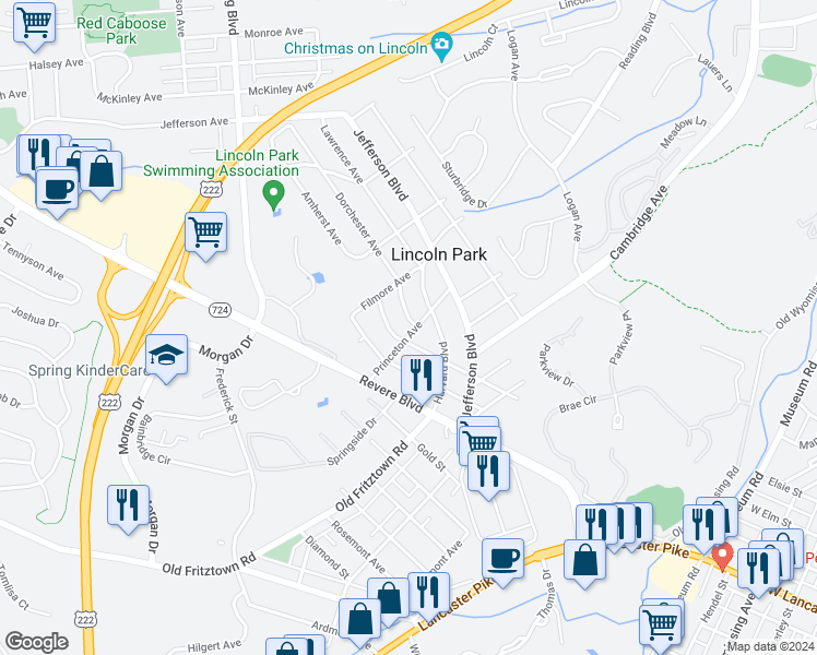map of restaurants, bars, coffee shops, grocery stores, and more near 206 Princeton Avenue in Reading