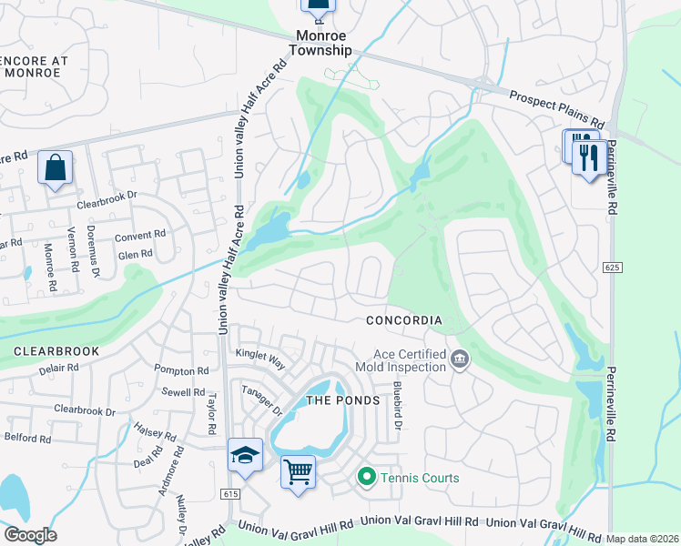 map of restaurants, bars, coffee shops, grocery stores, and more near 25 Ingram Drive in Monroe Township