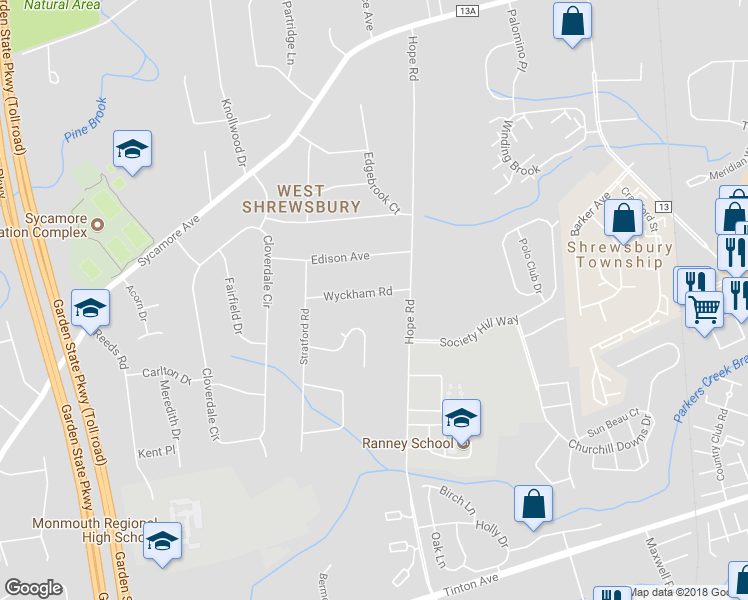 map of restaurants, bars, coffee shops, grocery stores, and more near 24 Wyckham Road in Tinton Falls