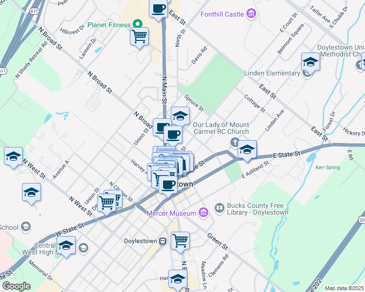 map of restaurants, bars, coffee shops, grocery stores, and more near 91 East Court Street in Doylestown