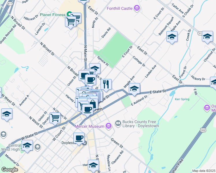 map of restaurants, bars, coffee shops, grocery stores, and more near 46 Church Street in Doylestown