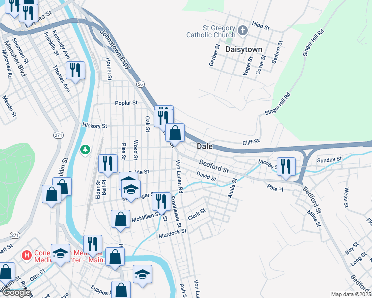 map of restaurants, bars, coffee shops, grocery stores, and more near 109 School St in Johnstown