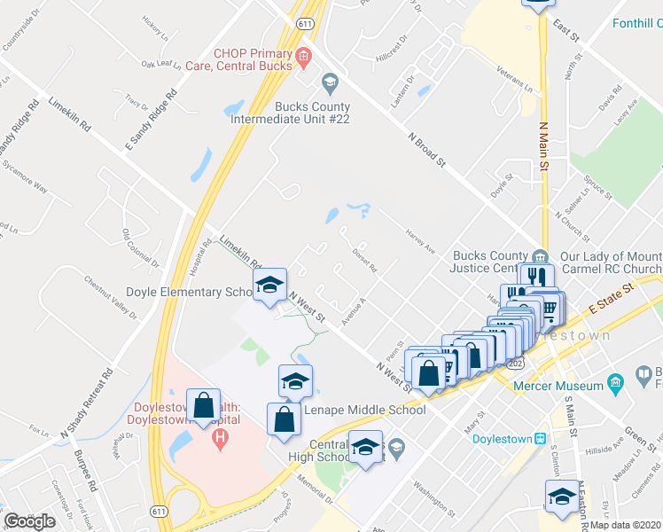 map of restaurants, bars, coffee shops, grocery stores, and more near 238 Hastings Court in Doylestown
