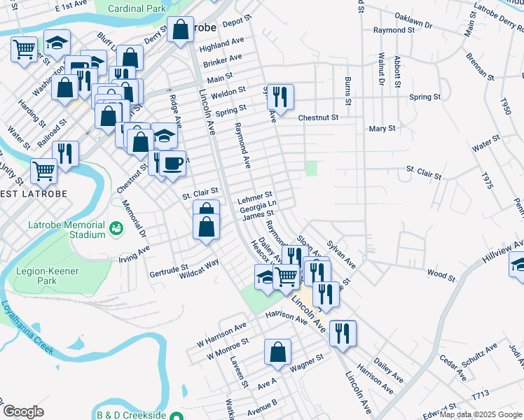 map of restaurants, bars, coffee shops, grocery stores, and more near 700 James Street in Latrobe