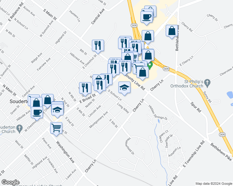 map of restaurants, bars, coffee shops, grocery stores, and more near 109 South School Lane in Souderton