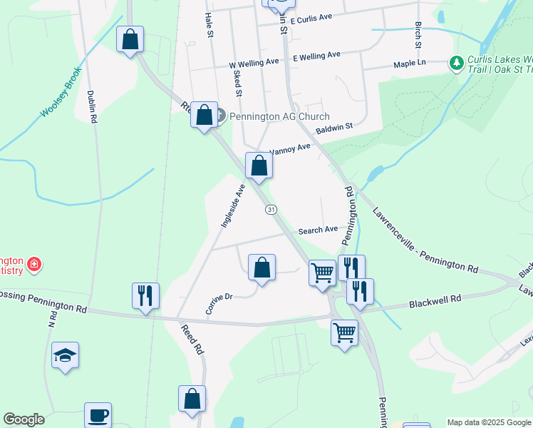 map of restaurants, bars, coffee shops, grocery stores, and more near 110 New Jersey 31 in Pennington
