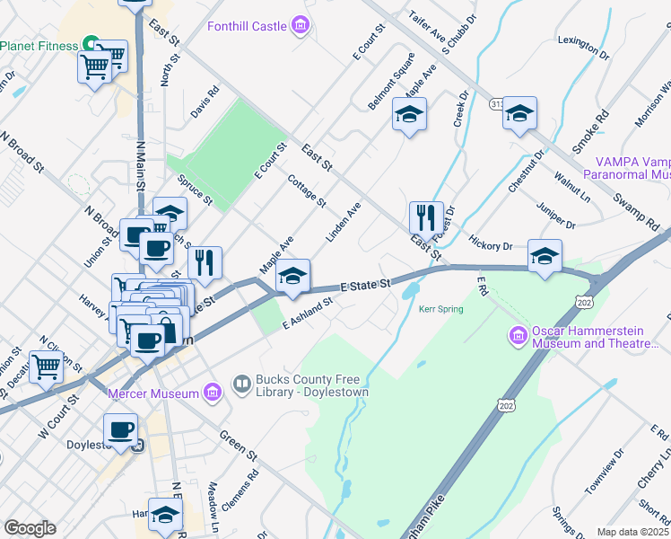 map of restaurants, bars, coffee shops, grocery stores, and more near 353 East State Street in Doylestown