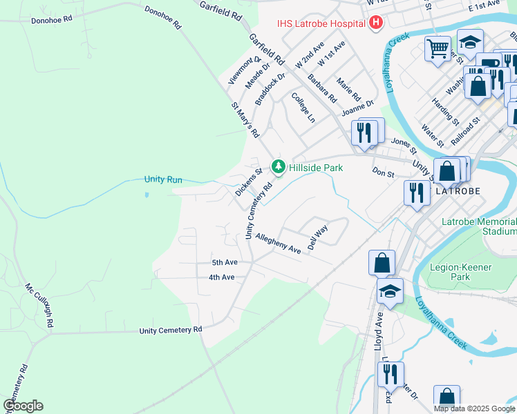 map of restaurants, bars, coffee shops, grocery stores, and more near 930 Unity Street in Latrobe