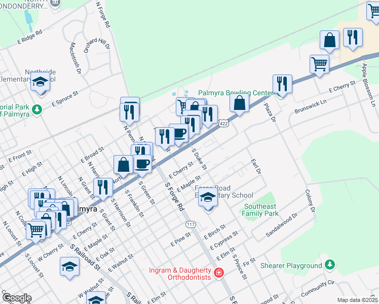 map of restaurants, bars, coffee shops, grocery stores, and more near 840 East Main Street in Palmyra