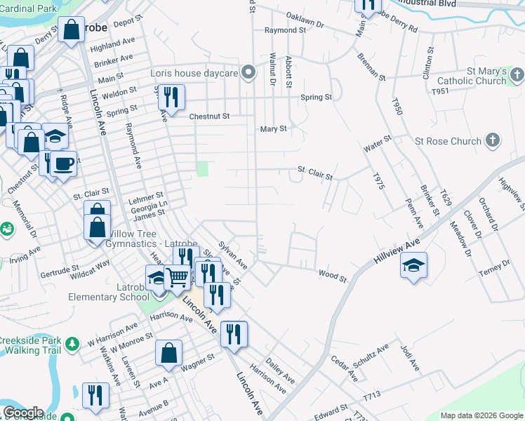map of restaurants, bars, coffee shops, grocery stores, and more near 1717 Wood Street in Latrobe