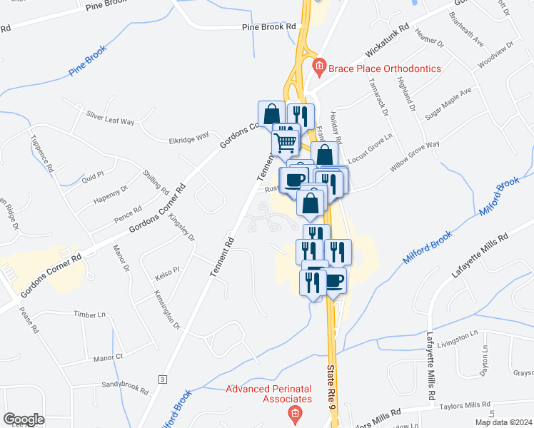 map of restaurants, bars, coffee shops, grocery stores, and more near 432 Hampton Court in Manalapan Township