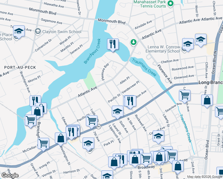 map of restaurants, bars, coffee shops, grocery stores, and more near 270 North 5th Avenue in Long Branch