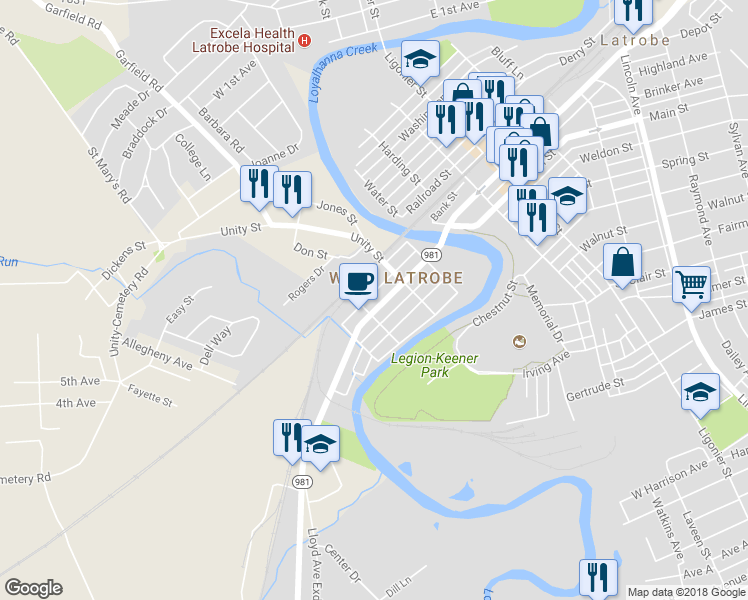 map of restaurants, bars, coffee shops, grocery stores, and more near 228 Lloyd Avenue in Latrobe