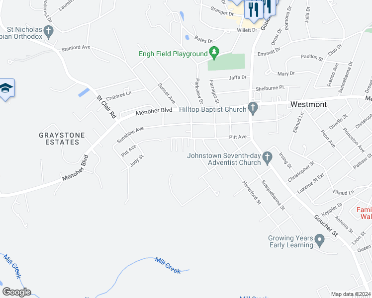 map of restaurants, bars, coffee shops, grocery stores, and more near 459 Clarence Street in Johnstown