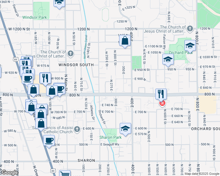 map of restaurants, bars, coffee shops, grocery stores, and more near 847 North 275 East in Orem