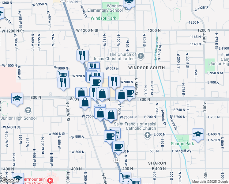 map of restaurants, bars, coffee shops, grocery stores, and more near 845 North 100 West in Orem