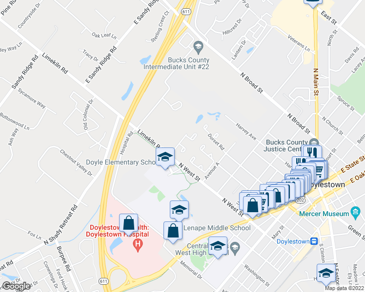 map of restaurants, bars, coffee shops, grocery stores, and more near 403 Henley Court in Doylestown