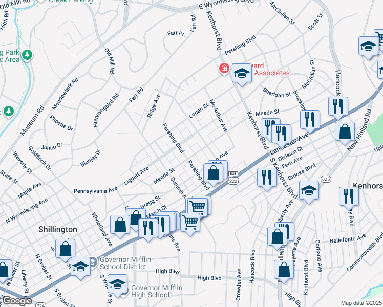 map of restaurants, bars, coffee shops, grocery stores, and more near 1540 Meade Street in Reading
