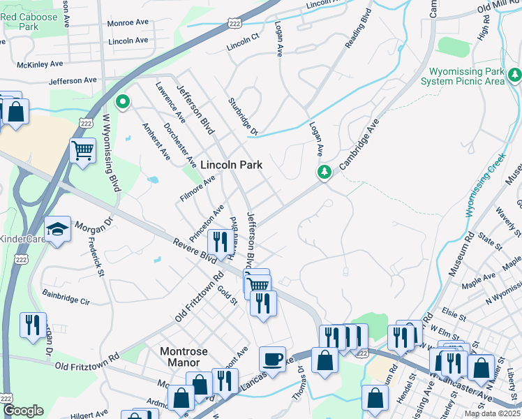 map of restaurants, bars, coffee shops, grocery stores, and more near 8 Oxford Avenue in West Lawn