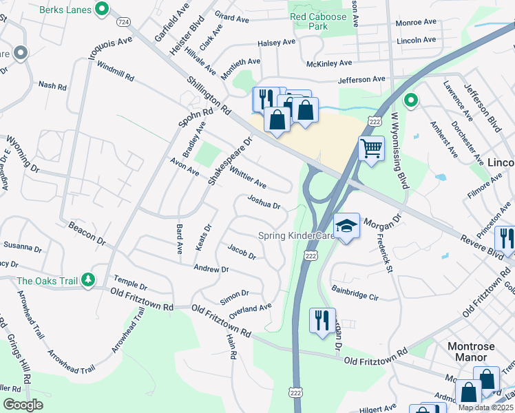 map of restaurants, bars, coffee shops, grocery stores, and more near 2516 Joshua Drive in Sinking Spring