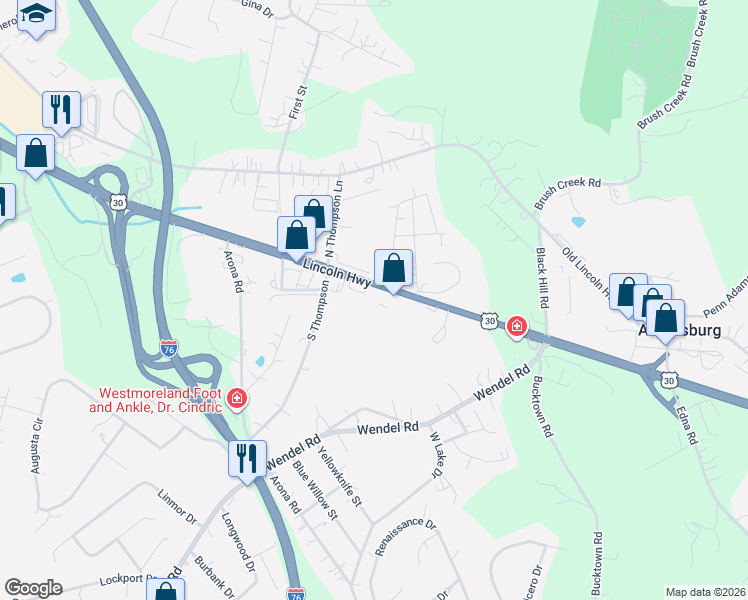map of restaurants, bars, coffee shops, grocery stores, and more near 7710 U.S. 30 in North Huntingdon