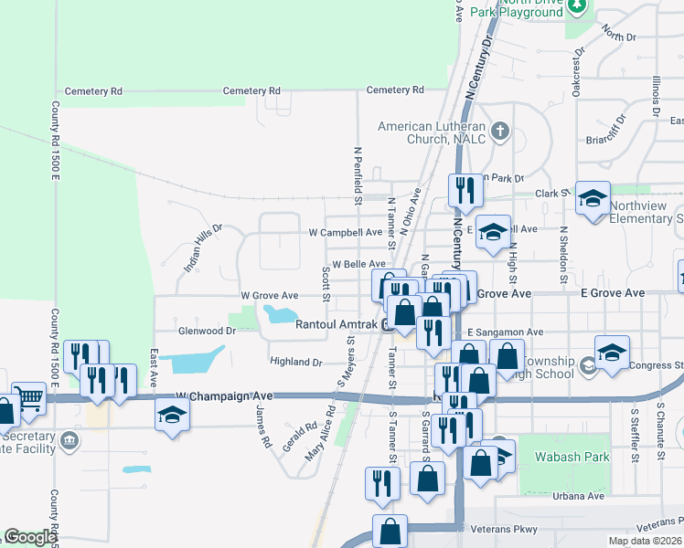map of restaurants, bars, coffee shops, grocery stores, and more near 211 North Penfield Street in Rantoul
