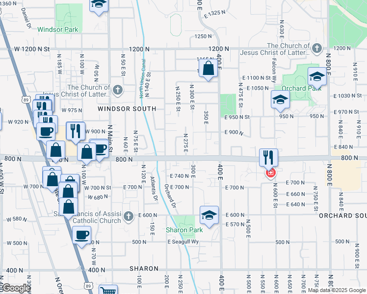 map of restaurants, bars, coffee shops, grocery stores, and more near 847 North 275 East in Orem