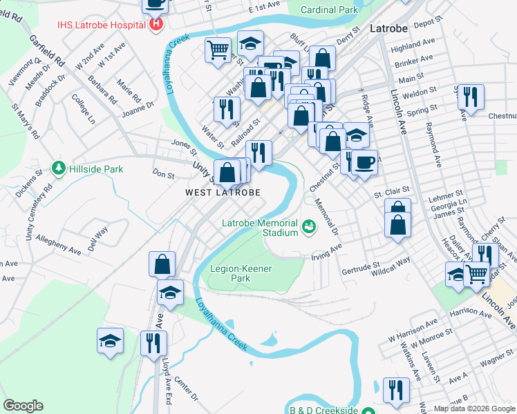 map of restaurants, bars, coffee shops, grocery stores, and more near 117 River Avenue in Latrobe