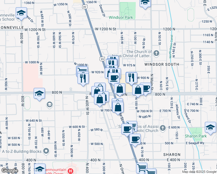 map of restaurants, bars, coffee shops, grocery stores, and more near 845 North State Street in Orem