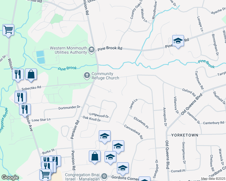 map of restaurants, bars, coffee shops, grocery stores, and more near 22 Pension Hill Road in Manalapan Township