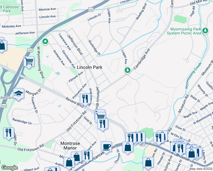 map of restaurants, bars, coffee shops, grocery stores, and more near 25 Cambridge Avenue in West Lawn