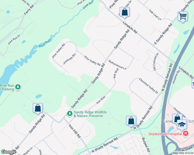 map of restaurants, bars, coffee shops, grocery stores, and more near 537 West Sandy Ridge Road in Doylestown