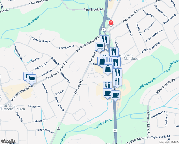 map of restaurants, bars, coffee shops, grocery stores, and more near 434 Hampton Court in Manalapan Township