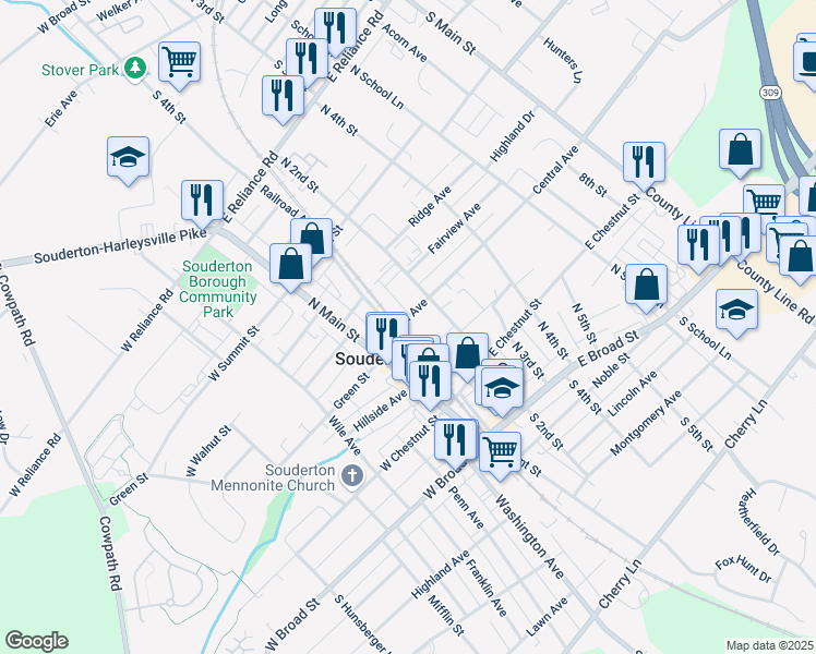 map of restaurants, bars, coffee shops, grocery stores, and more near 110 Central Avenue in Souderton