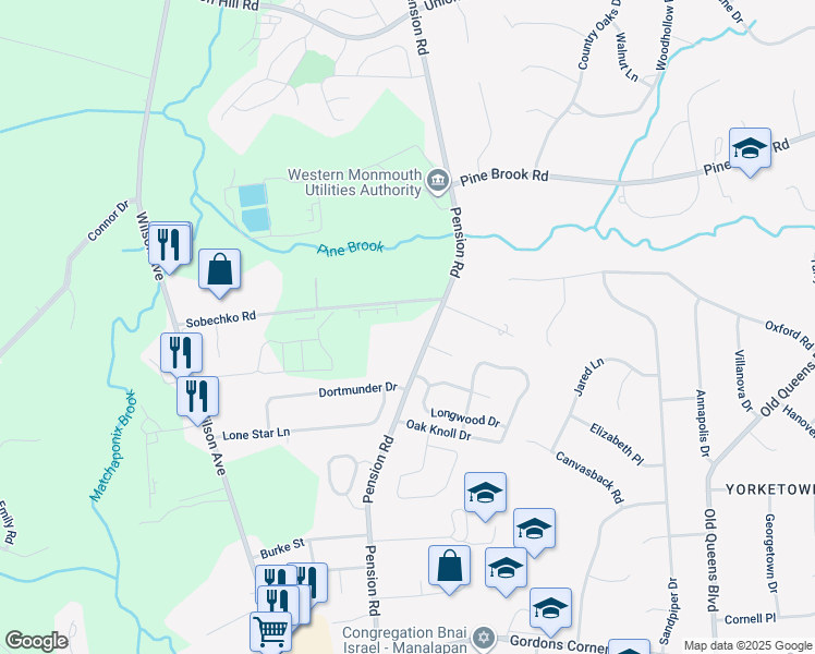 map of restaurants, bars, coffee shops, grocery stores, and more near 77 Pension Road in Englishtown