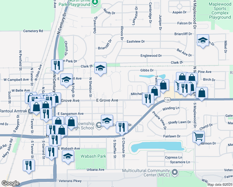 map of restaurants, bars, coffee shops, grocery stores, and more near 212 Illinois Drive in Rantoul
