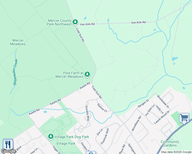 map of restaurants, bars, coffee shops, grocery stores, and more near 110 Cold Soil Road in Lawrence Township