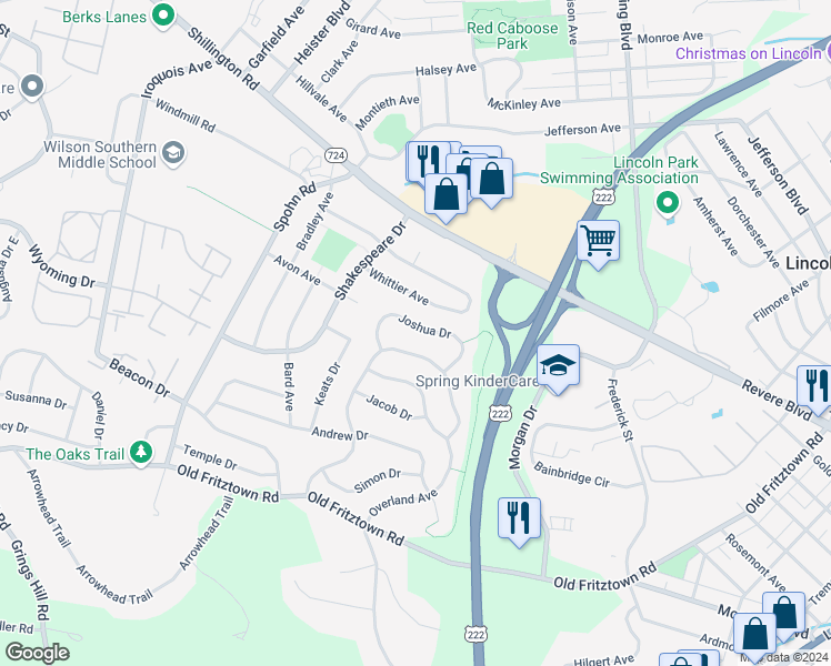 map of restaurants, bars, coffee shops, grocery stores, and more near 2516 Joshua Drive in Sinking Spring