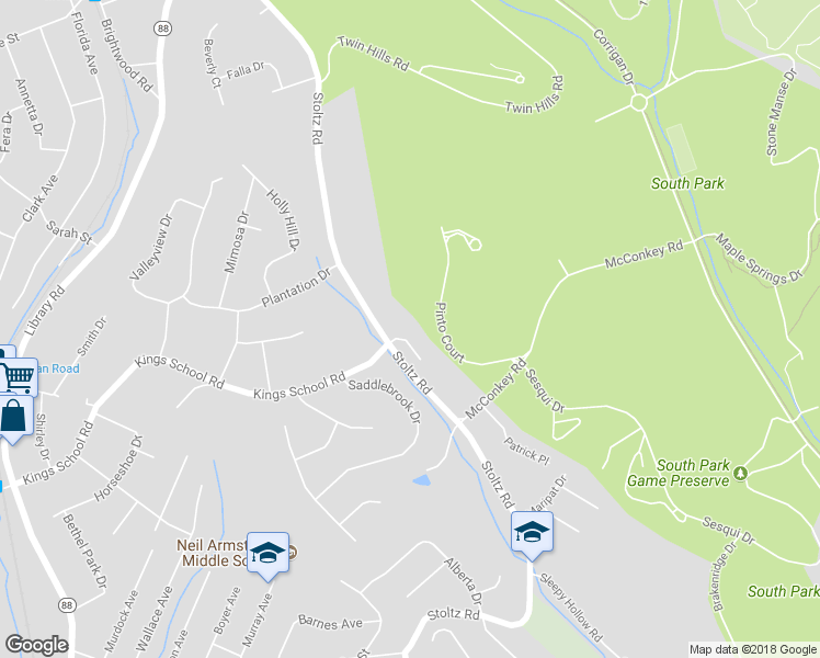 map of restaurants, bars, coffee shops, grocery stores, and more near 1577 Corral Court in Bethel Park