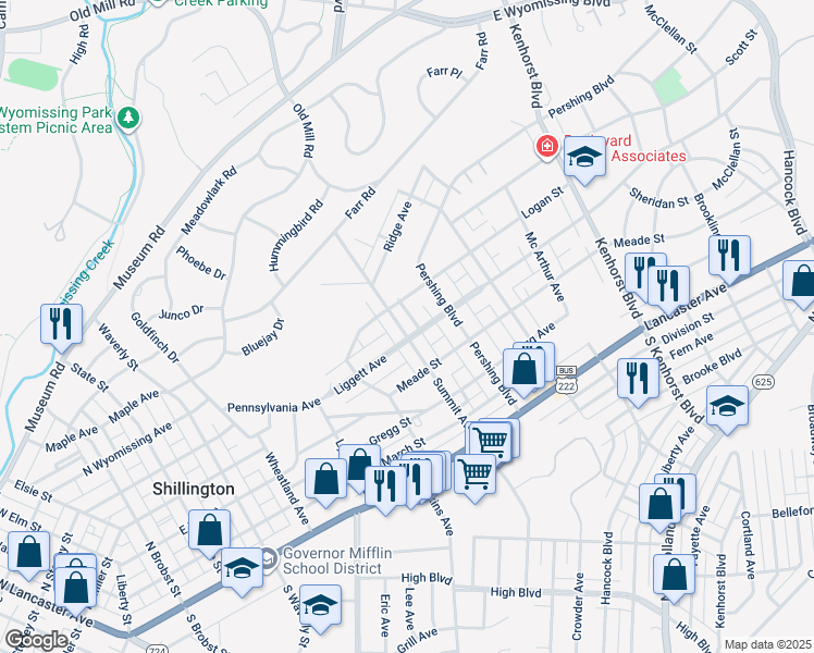 map of restaurants, bars, coffee shops, grocery stores, and more near 405 Summit Avenue in Reading